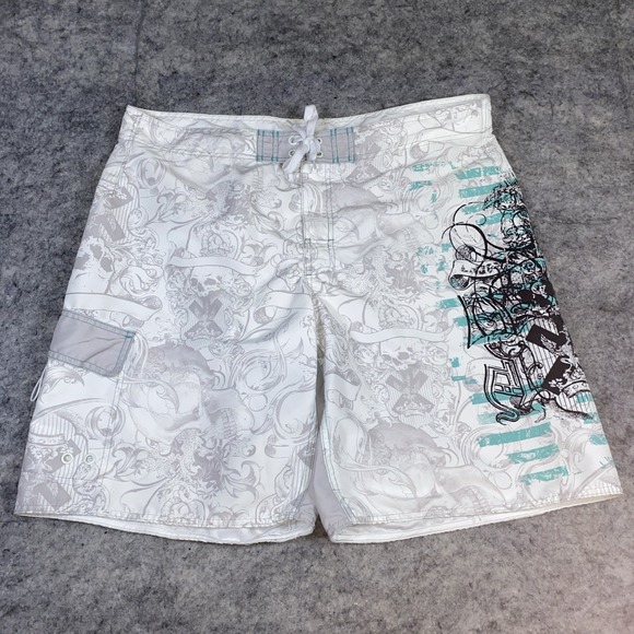 Joe Boxer Swim Trunks Boardshorts Mens XL White Green Grunge Y2K Art Skull Print - Picture 1 of 10